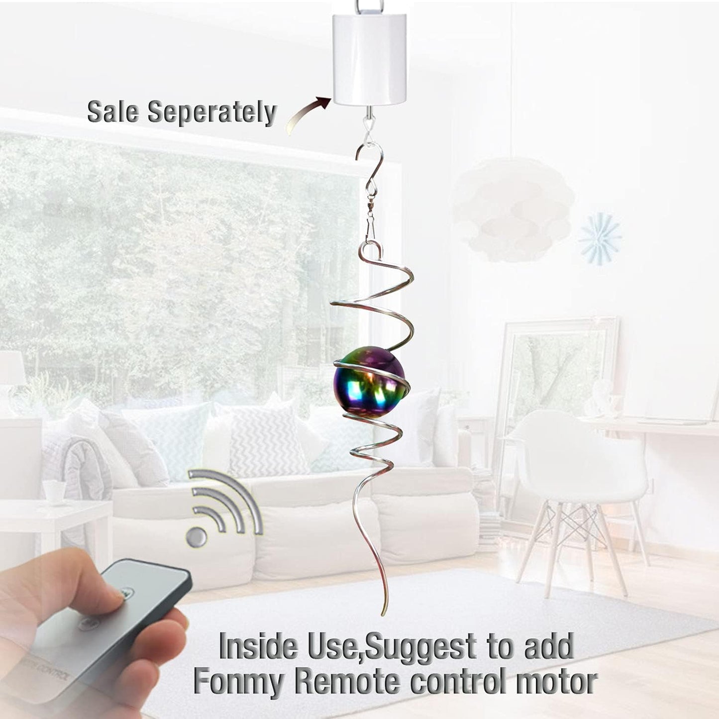 Fonmy Gazing Ball Spiral Tail -Decorative Wind Spinner 11 inch Tail and 2 inch Steel Orb. Indoor Outdoor Garden Decoration Silver Multi Color Ball -13 inch Height