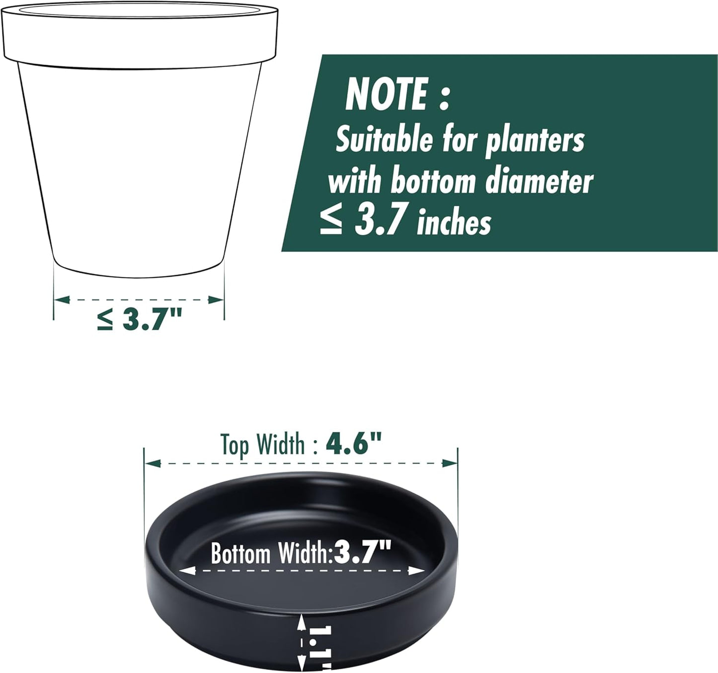 D'vine Dev Modern Round 3.7 Inch Ceramic Plant Pot Saucer, Planter Pot Drainage Tray for Indoor Plants, Matte Black, 97-T-B-1