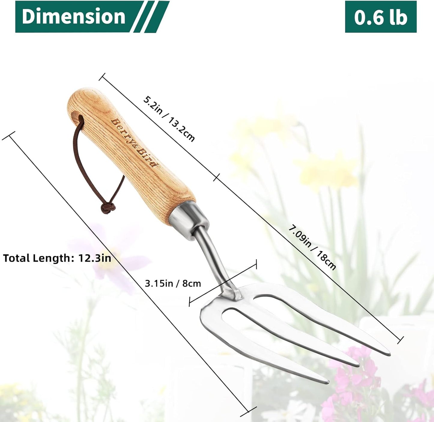 Berry&Bird Gardening Hand Fork, Stainless Steel Hand Weed Fork, Traditional Garden Hand Fork Tool with Ergonomic Ash Wood Handle for Weeding, Digging, Planting and Cultivating