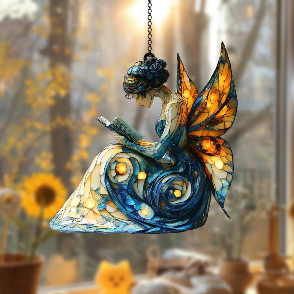 Butterfly Fairy Reading Book Acrylic Suncatcher Ornament Window Hanging Book Lover Gift Fairy Garden Decor