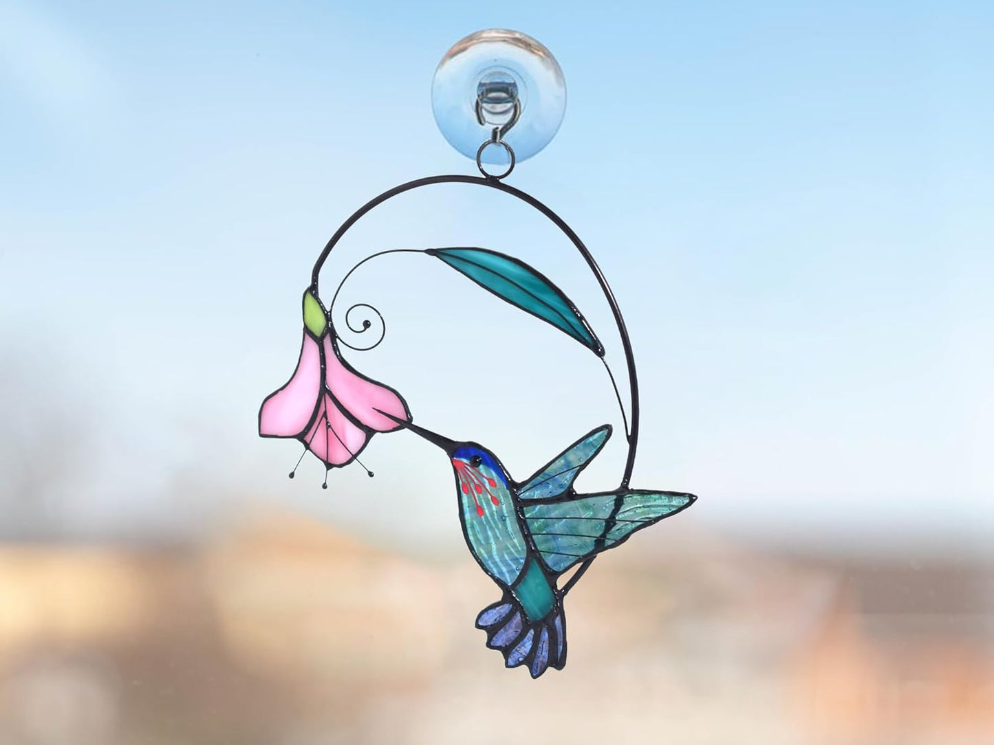 Lolitarcrafts Stained Glass Hummingbird Window Hangings with Flowers, Bird Stained Glass Suncatcher for Window Decor Hummingbird Gifts for Mom,Bird Lovers (Blue with Flower A)