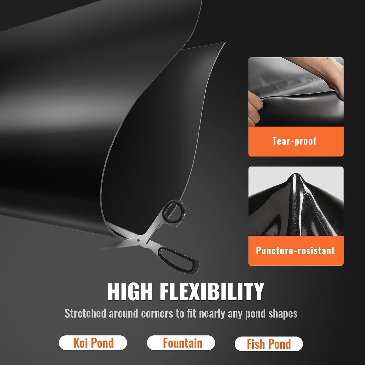 VEVOR 20 x 25 ft Pond Liner, 45 Mil Thickness, Pliable & Durable EPDM Material, Easy Cutting Underlayment for Fish or Koi,Waterfall, Fountains, Water Gardens, Black
