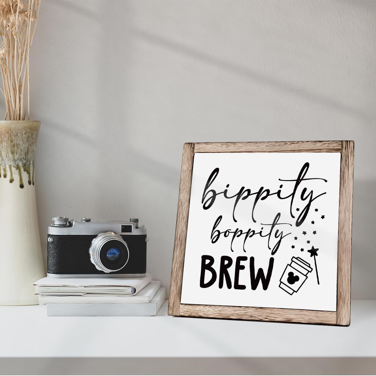 Bippity Boppity Wood Plaque Sign, Box Wood Plaques Desk Décor, Rustic Wooden Coffee Table Sign, Kitchen Home Decor, Tabletop Decor Sign, Coffee Lover Gift, Disney Lover Gift 9.9×9.9inch