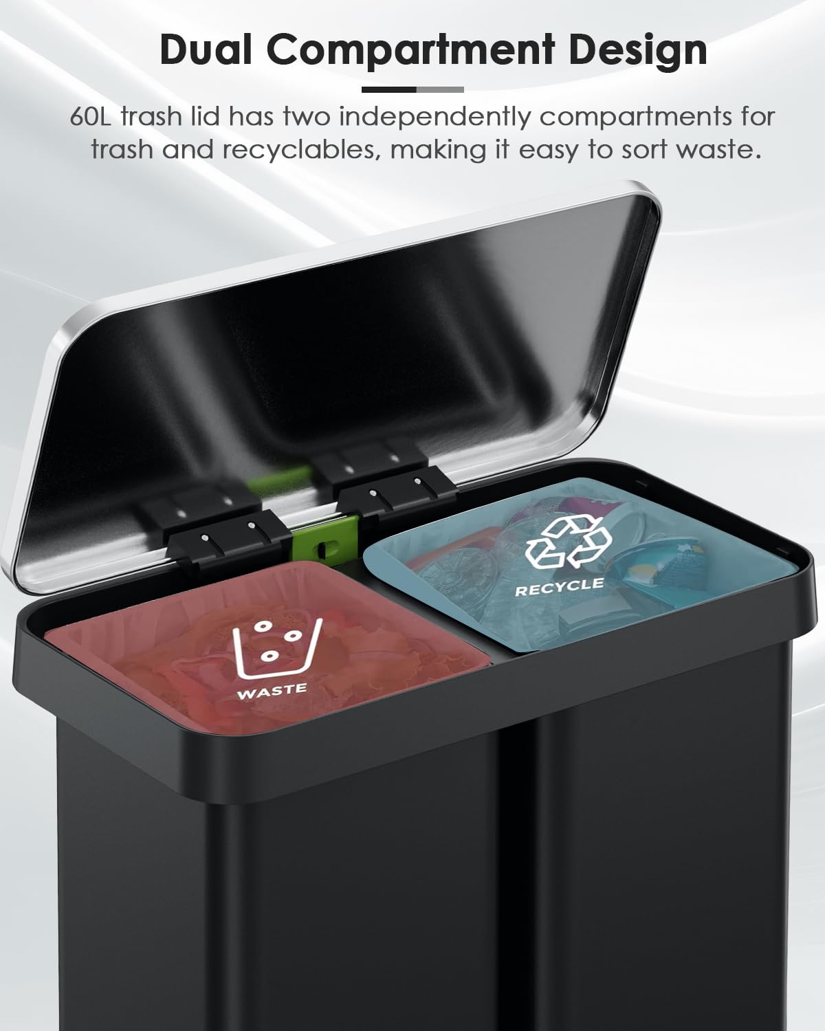 Arlopu 16 Gallon Dual Trash Can, 60L(2x30L) Stainless Steel Kitchen Garbage Can, Step-on Classified Recycle Garbage Bin with Removable Inner Buckets, for Kitchen, Living Room, Office (Black)