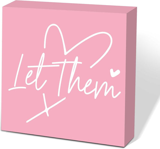 Let Them Wooden Sign, Pink Office Decorations for Work, Let Them Mental Health Rustic Wood Box Signs 5x5 Inch, Desk Shelf Tabletop Decor for Home Cubicle Decor, Office Gifts for Coworkers Women, 19
