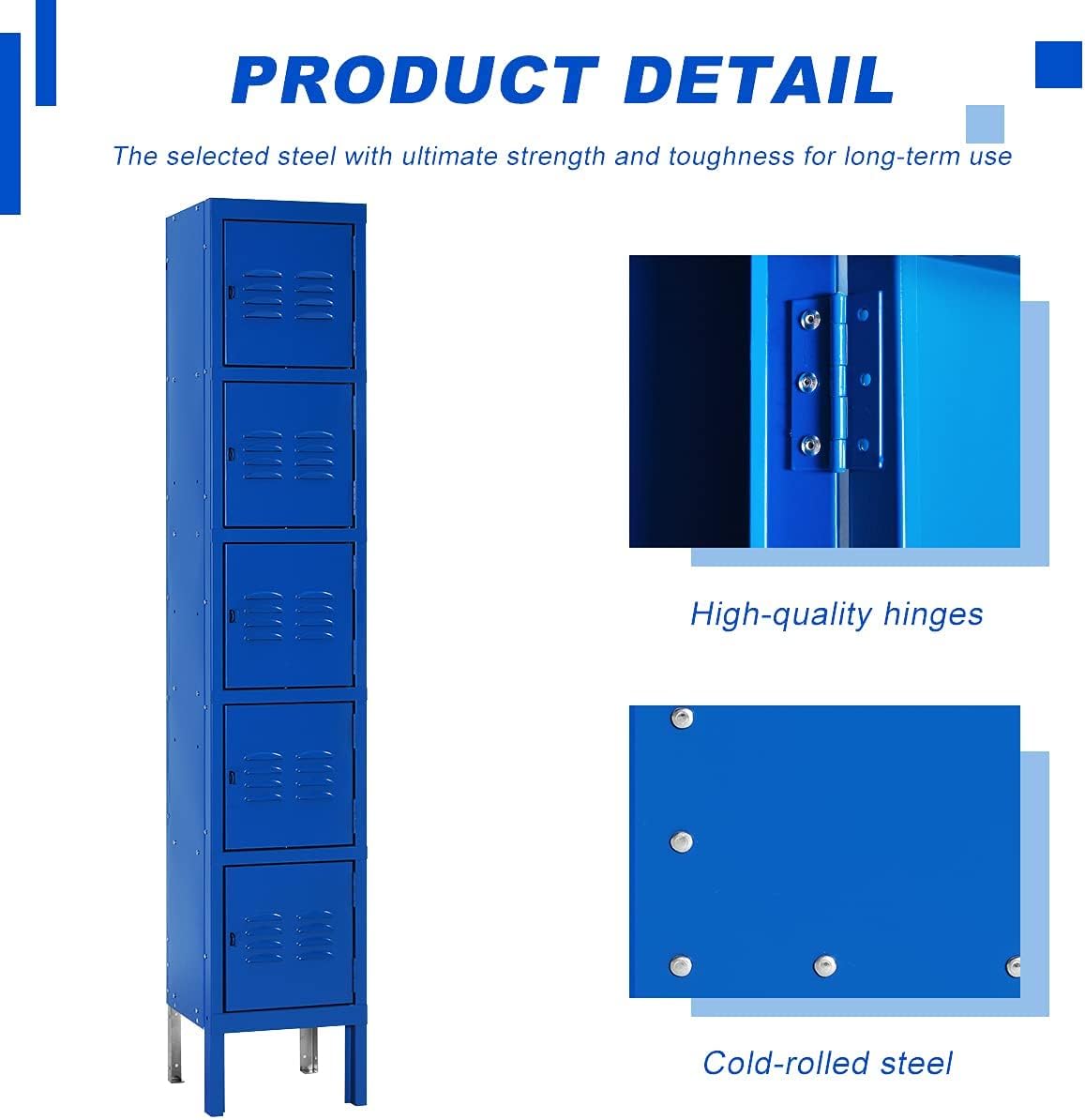 Bonusall Metal Locker for Employees, Office Storage Locker Cabinets, 5-Tier Steel Lockers for School, Gym Locker Compartment Home Office (Blue