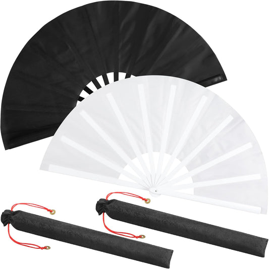 Maitys 2 Packs Large Clap Fans for Line Dancing Large Chinese Folding Hand Fans for Men and Women, Festival, Tai Ji, Kungfu, Martial Art, Gifts (Black and White)