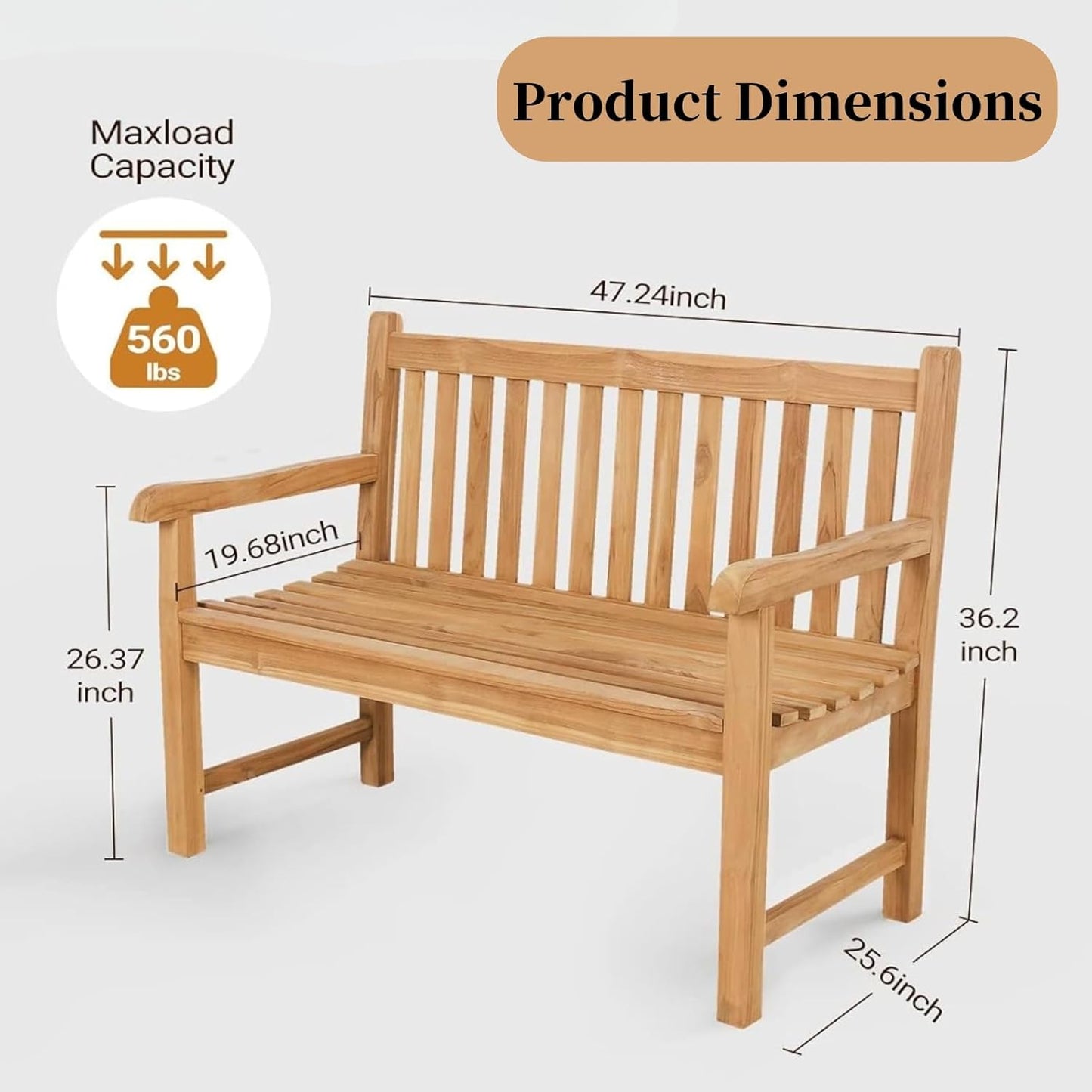 Outdoor Teak Bench, Park Bench for 2 People, Ergonomic Patio Seating, Weather-Resistant and Durable Design, Perfect for Yard, Poolside, or Porch