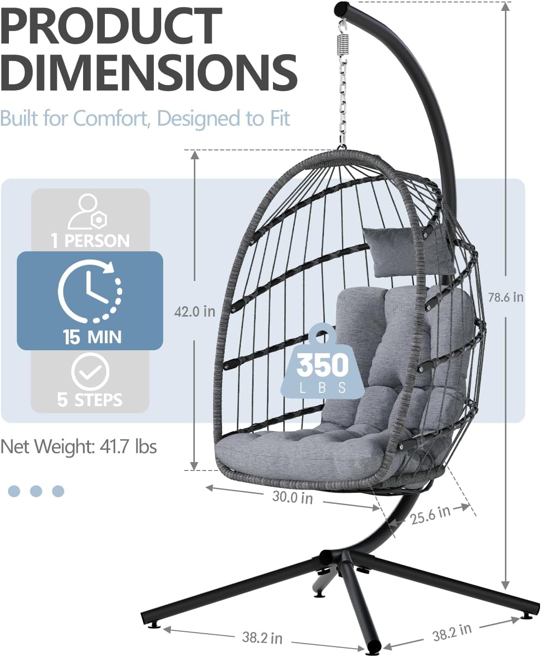 SWITTE Egg Chair Outdoor with Stand, Indoor Wicker Hanging Egg Swing Chair with Cushion, 350lbs Capacity for Patio, Bedroom, Garden - Light Grey