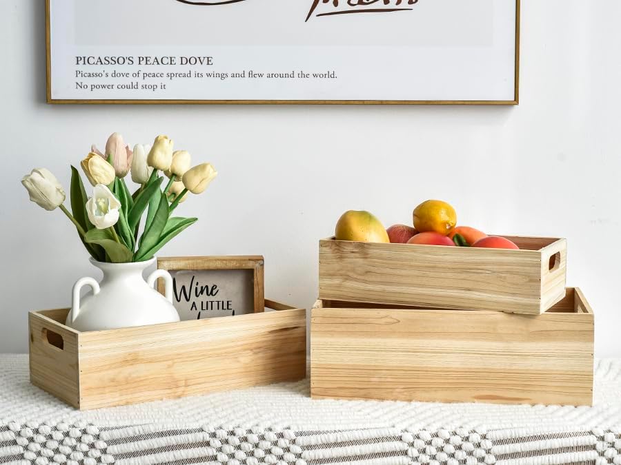 Set of 3 Wooden Boxes Unfinished for Storage Small Crates for Display and Organizing, Farmhouse Style Storage Boxes for Crafts, Decor, Home Pantry and Living Room