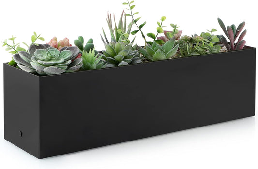 17" Large Stainless Steel Planter Box with Drain Holes and Water Reservoir, Rectangle Succulent Trough Planter Pot for Indoor Outdoor Windowsill, Table Decor (Black)