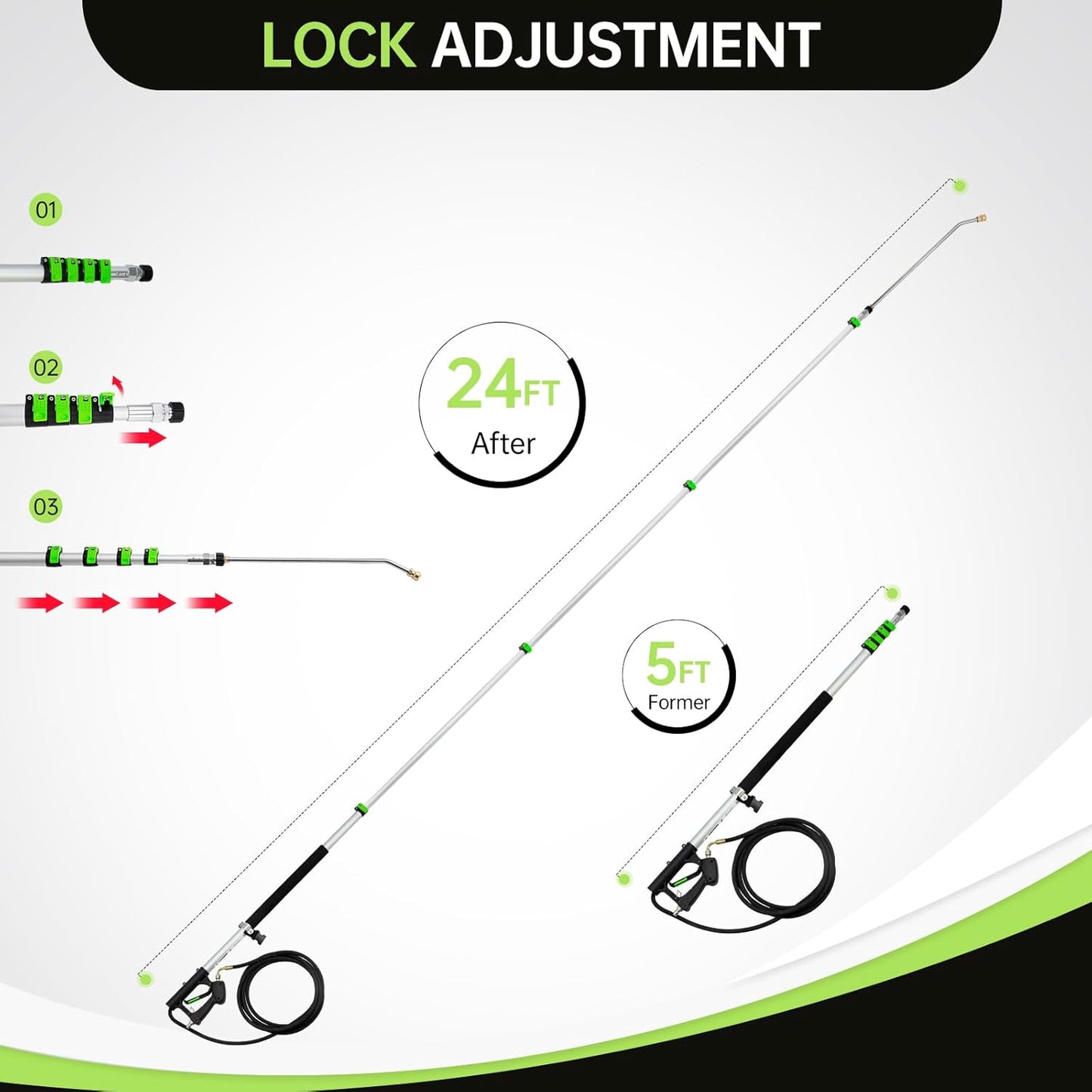 Realyou 24 FT Pressure Washer Telescoping Wand with Pressure Washer Extension Wand, Gutter Cleaner Tool, 5 Spray Nozzle Tips, 2 Hose Adapters, Support Belt and Bursh Head
