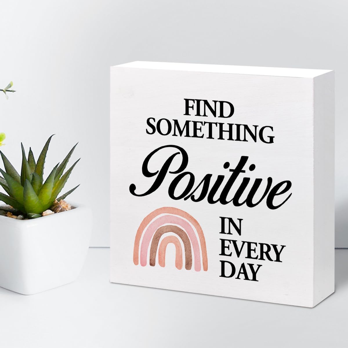 Z-crange Find Something Positive in Every Day Boho Rainbow Wood Block Sign, Rustic Inspirational Wooden Box Plaque for Home College Office Shelf Table Decor