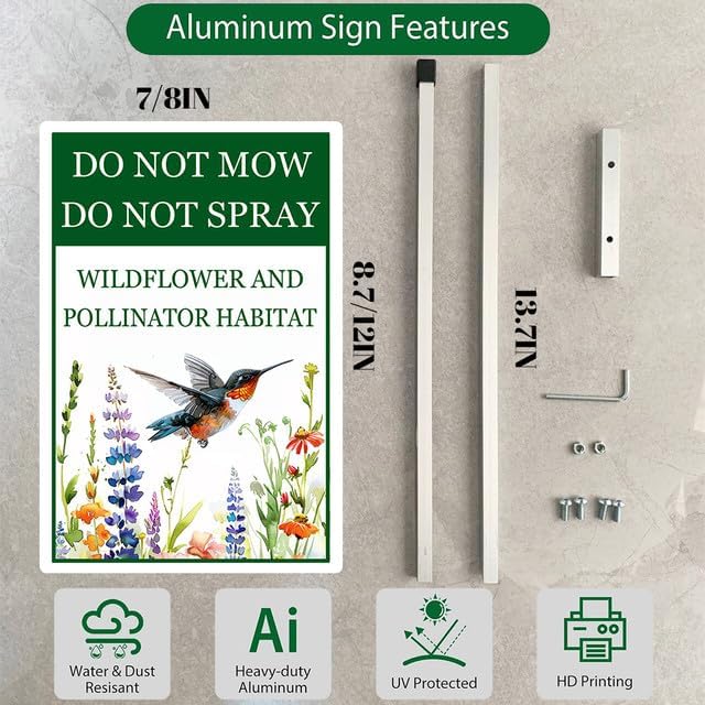 Do Not Mow Do Not Spray Wildflower and Pollinator Habitat Yard Sign With Stakes 8X12 inches Rustproof Reflective Aluminum Pollinator Friendly Garden Sign Stand Outdoor