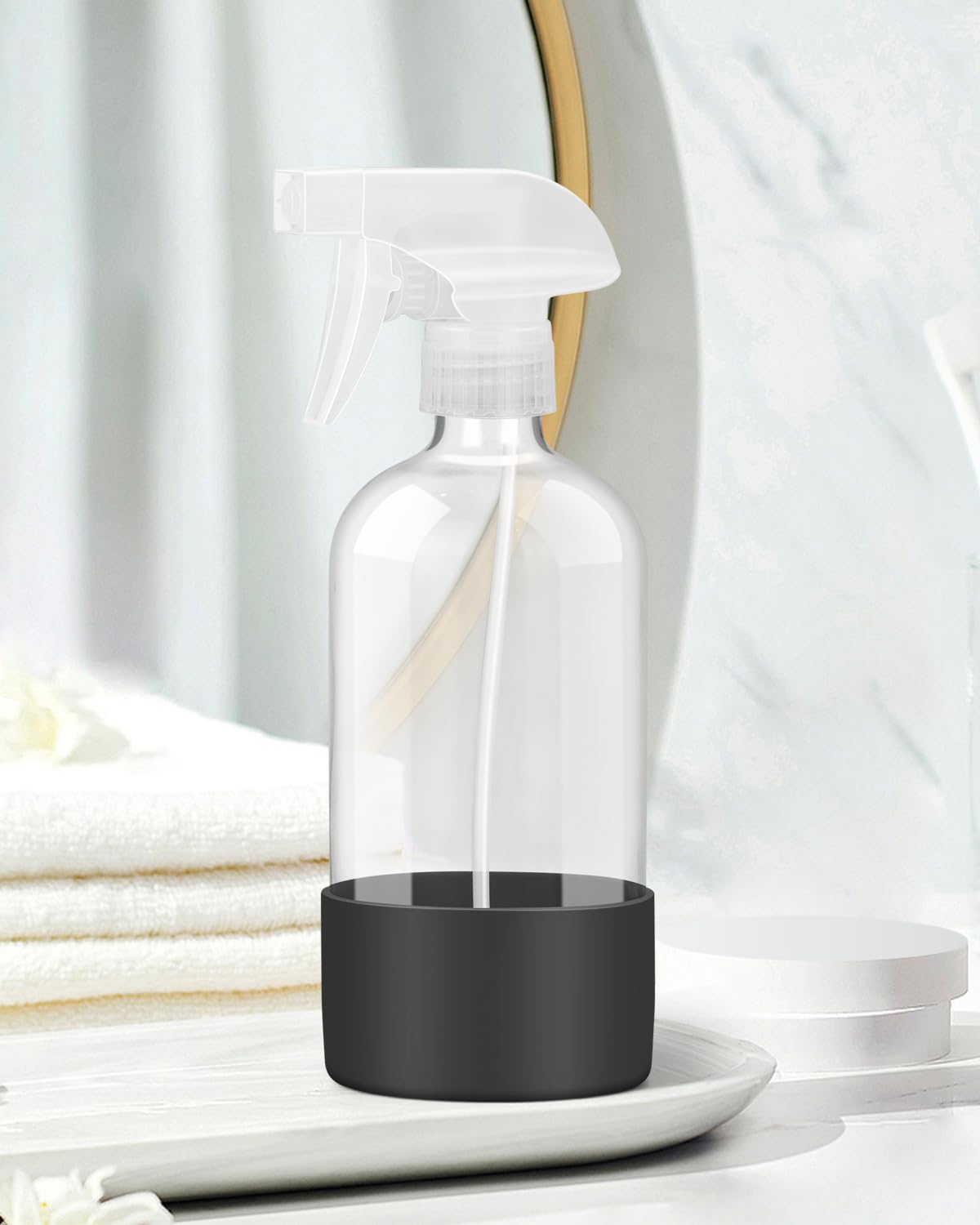 Glass Spray Bottles with Silicone Sleeve Protection, Empty 16OZ Reusable Spray Bottles, Refillable Containers with Spray Nozzles for Cleaning Solutions, Plants and Essential Oils 1 Pack Black