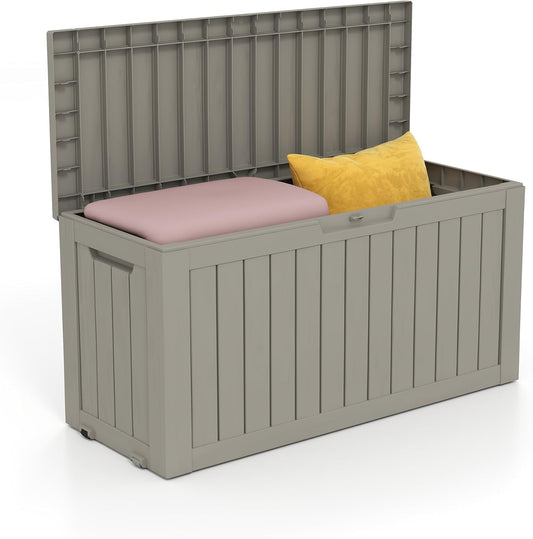 75 Gallon Deck Box, Resin Outdoor Indoor Waterproof Storage Box, Lockable Storage Box With Handle for Patio Furniture - Garden Tools - Swimming Pool Tools UV-Resistant, Brown