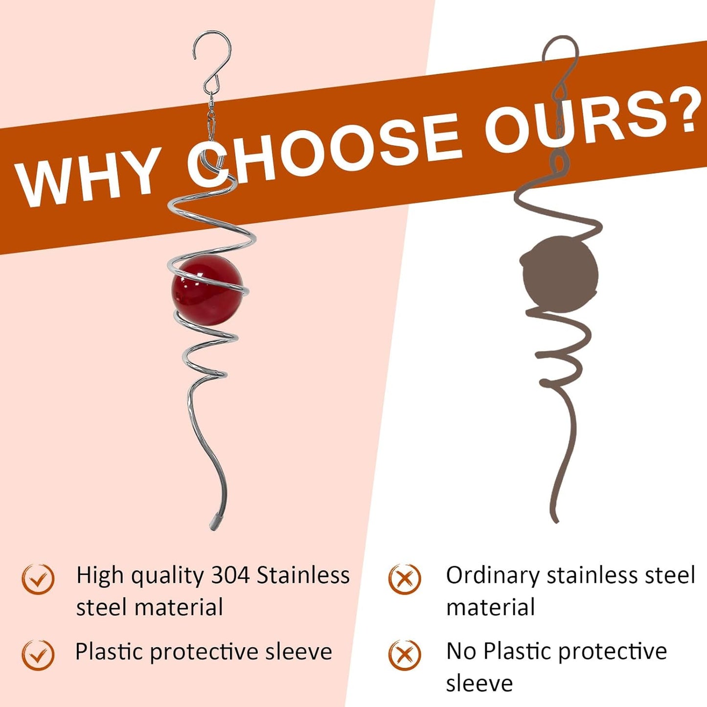 Wind Spinner Tail with Red Glass Orb,Wind Spinners Stabilizer Gazing Ball Spiral Tail,Decorative Wind Spinner Spiral Sun Catcher,Indoor Outdoor Hanging Rotating Garden Decoration-13 in