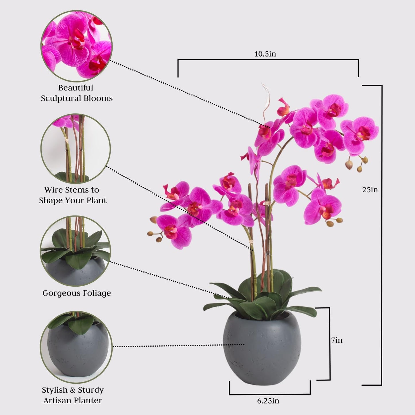 Faux Pink Orchid Plant, Premium Artificial Indoor Flower Display Stands 25-Inches with Beautiful Sculptural Blooms and Foliage That Lasts Forever, Grey Planter Pot Included