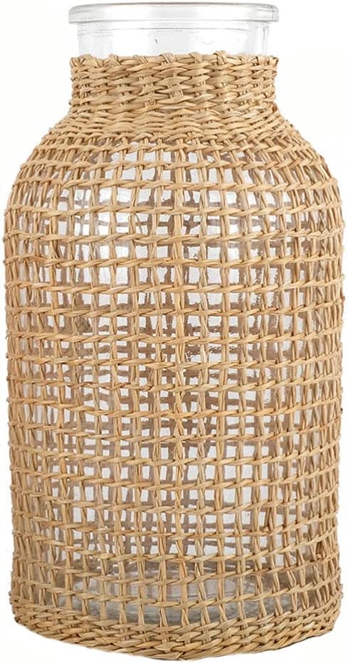 DOITOOL Glass Flower Vase with Rattan Cover, Round Decorative Flower Vase Woven Seagrass Vase Farmhouse Vase Floral Container for Floral Arrangement Table Centerpiece Decor (Size S)