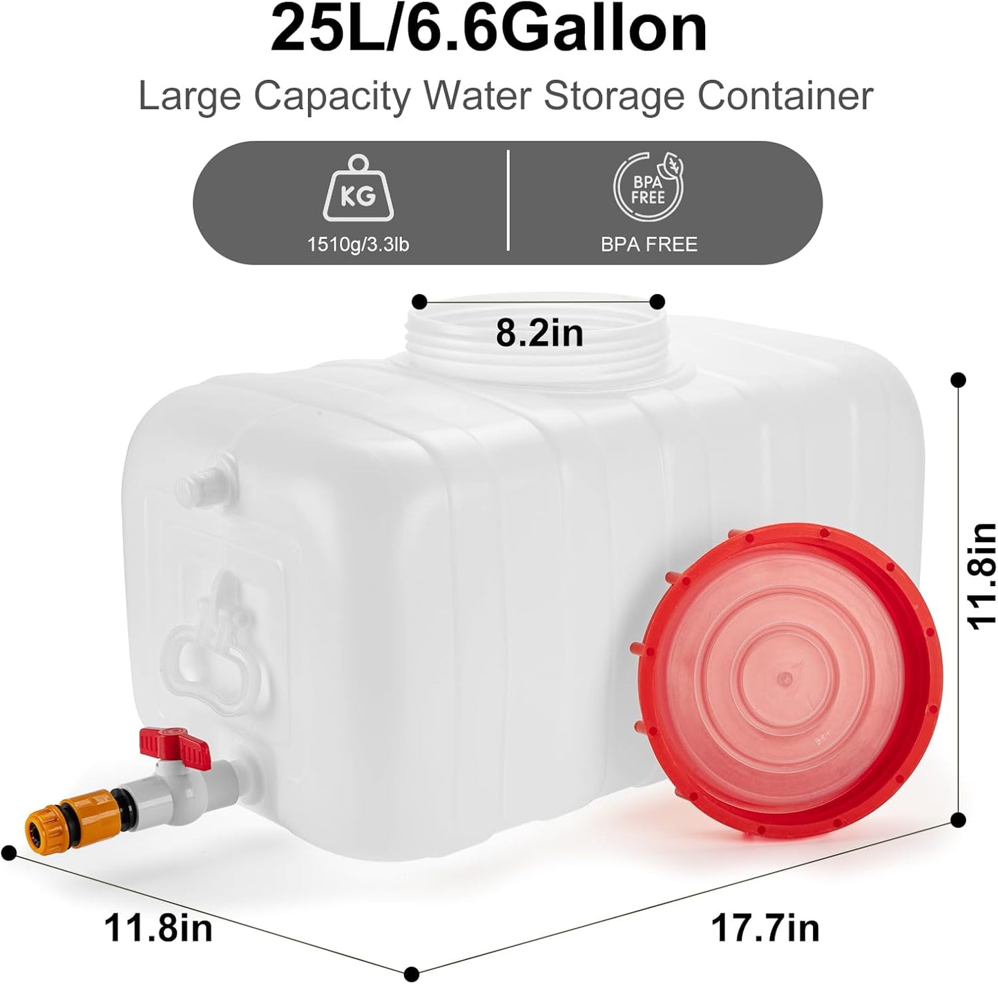 Water Storage Container for Camping, 6.6 Gallon Water Tank with Faucet, Portable First Aid Water Storage for Outdoor Hiking, RV, Autonomous Driving Tour, 17.7 x 11.8 x 11.8in