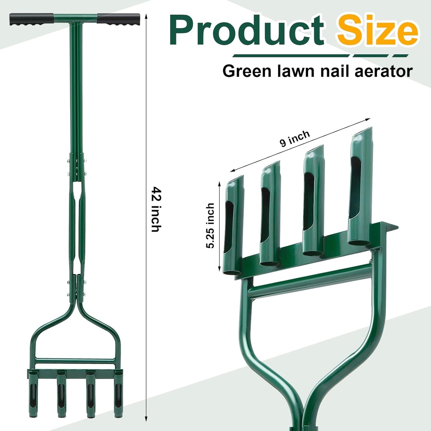 Lasnten Lawn Aerator Tool 42 Inch Manual Core Plug Aerator with 4 Slope Top Half Open Slot Hollow Tines Heavy Duty Plug Core Aerator for Soils Yard Garden, Green