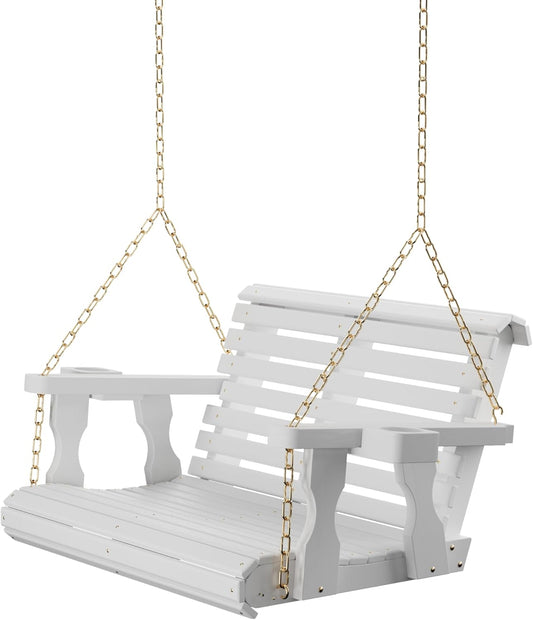 Amish Casual 3 Foot Roll Back Porch Swing with Cup Holders in Semi-Solid White Stain - Amish Made in The USA from Treated Pine Heavy Duty 700 Lb. Weight Capacity