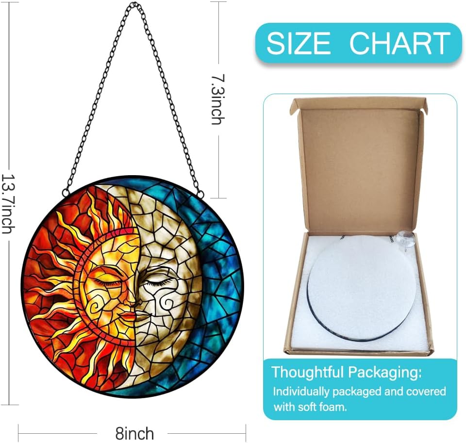 Halloween Decor Sun and Moon Suncatcher Stained Glass Window Hanging Handmade Colorful Suncatchers for Windows Hanging Celestial Sun Catchers Indoor Wall Decor Christmas Decorations for Home Garden