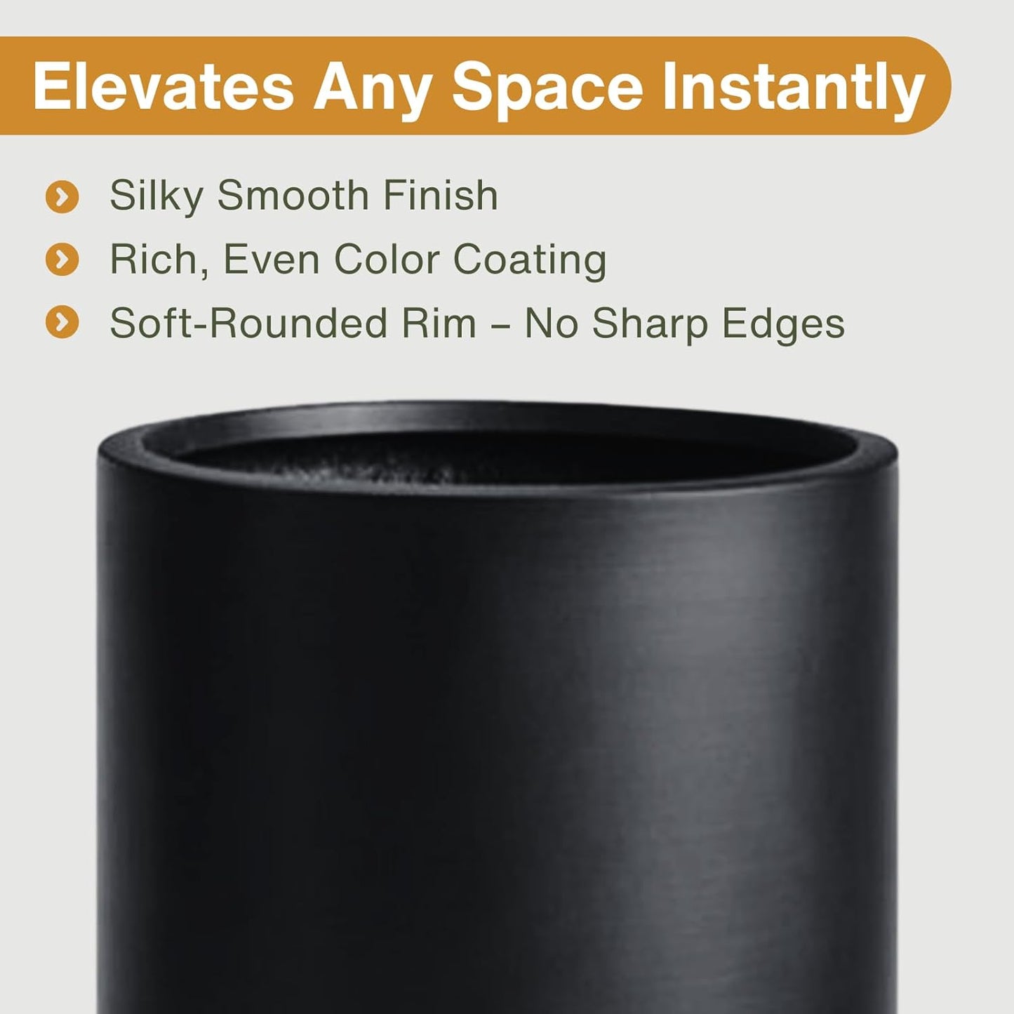 19.5"H x 9.8"D Tubo Fiberstone Cylinder Tall Planter with Drainage Hole, Smooth Finishes, Weather Resistant for Indoor and Outdoor Use, Included 2 Extra Coco Mats (Black, 8.2" Pot Opening)