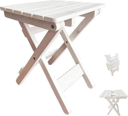 Outdoor Side Table, No Assembly Folding Wooden End Table for Outside or Indoor, Small Patio Tables for Camping, Pool, Bathroom, Backyard and Porch (White)