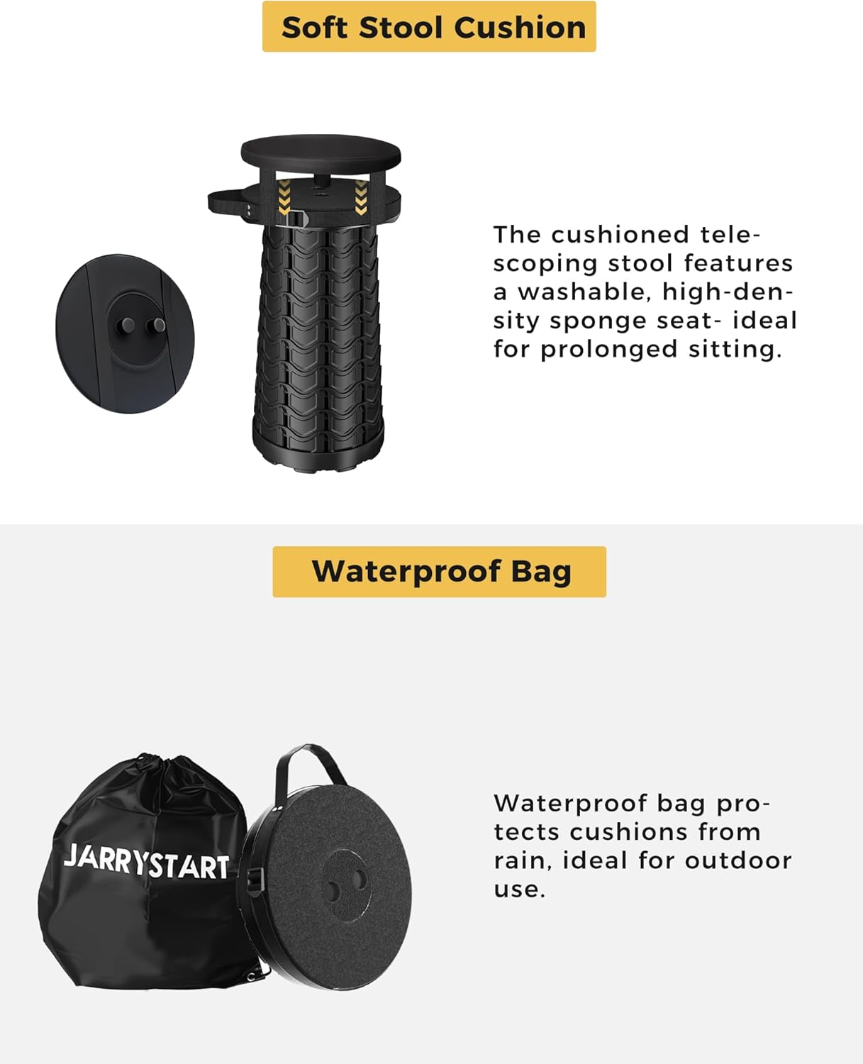 Upgraded Collapsible Stool with Detachable Cushion & Waterproof Bag - 400lbs Heavy Duty Portable Folding Stool for Adults, Telescoping Camping Seat with Carrying Straps for Fishing Hiking Travel BBQ