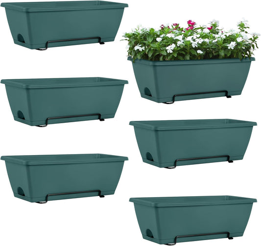 HAITRAL Railing Planter Boxes (16.9 Inch, 6 Pack) Green Plastic Deck Rail Planters for Outdoor Plants, Hanging Window Boxes with Drainage Tray for Over Rail Porch Fence,Balcony & Home Decor