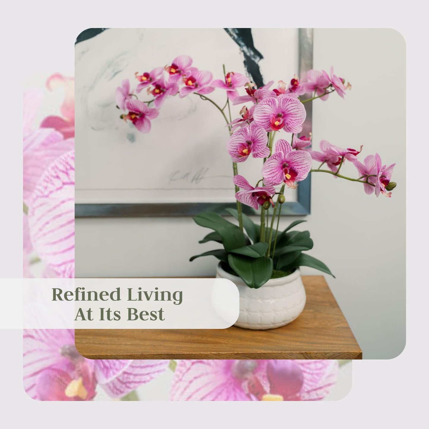 Faux Orange Orchid Plant, Premium Artificial Indoor Flower Display Stands 23”, Beautiful Sculptural Blooms That Lasts Forever, White Planter Pot Included