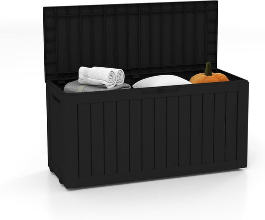 75 Gallon Waterproof Large Resin Deck Box Indoor/Outdoor Lockable Storage Container and Seating for Garden, Pool, and Patio (75 Gallon, Black)