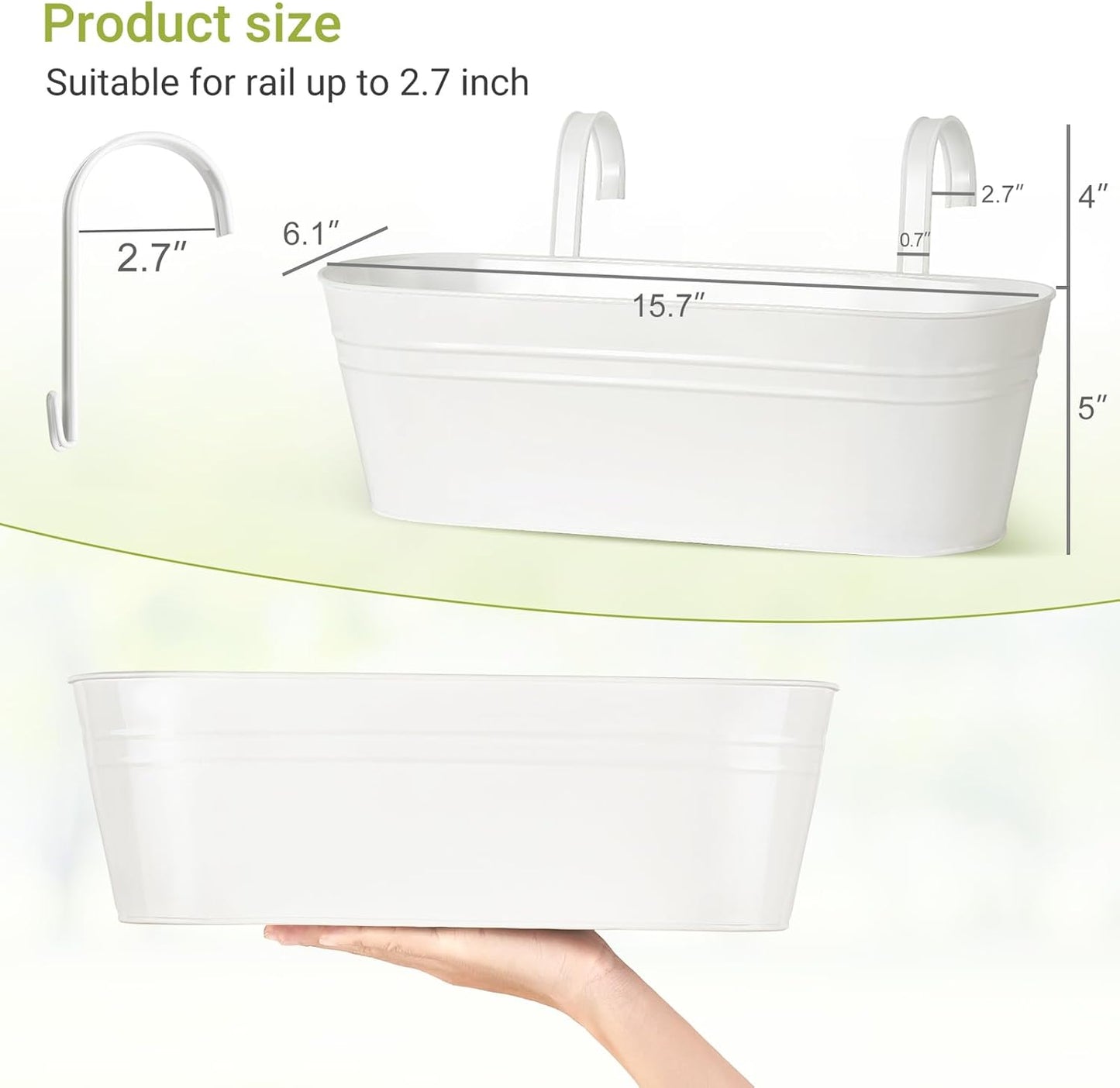 Dahey 5 Pcs Metal Iron Hanging Flower Pots for Railing Fence 15.7 Inch Hanging Bucket Pots Countryside Style Window Flower Plant Holder with Detachable Hooks for Garden Yard Home Decor, White