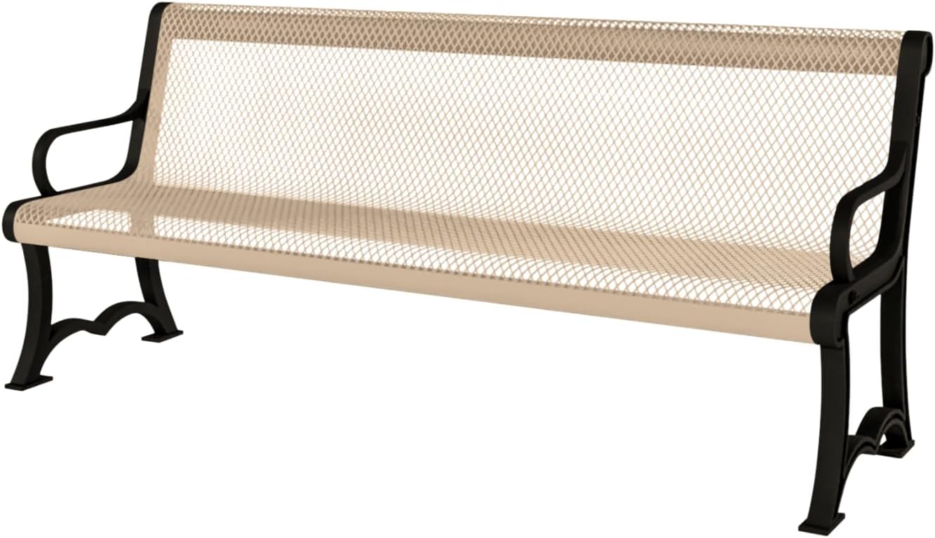 Coated Outdoor Furniture Heavy-Duty Outdoor Bench Thermoplastic Coated, Expanded Metal, Commercial-Grade Garden Bench, Made in America (Portable with Back, 4 Ft, Tan)