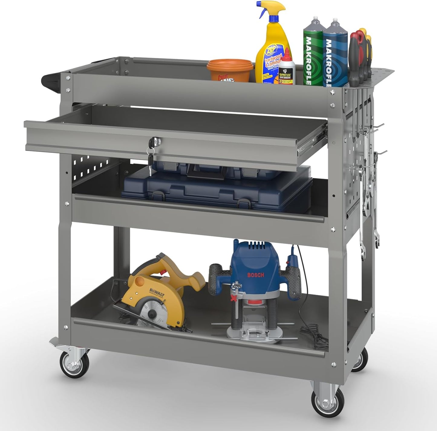 3 Tier Rolling Tool Cart on Wheels with Locking Drawer - Metal Service Cart Industrial Utility Cart for Mechanic - 350 LBS Mobile Storage Organizer for Garage, (Gray)