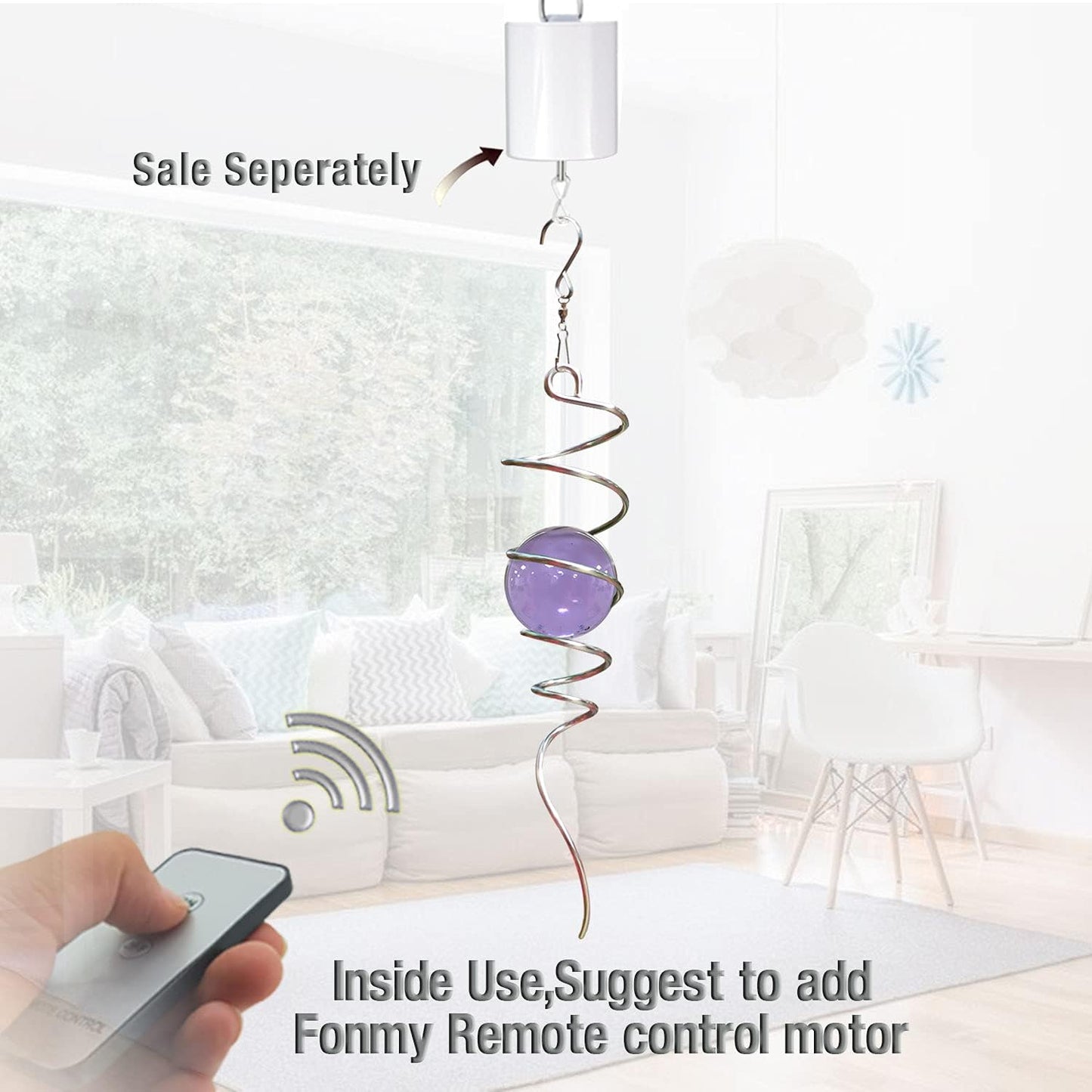 Fonmy Purple Gazing Ball Spiral Tail Wind Spinner Stabilizer with Swivel Hook 11inch Stainless Steel Tail and 2 inch Purple Glass Orb. Indoor Outdoor Garden Decoration Hanging Ornaments