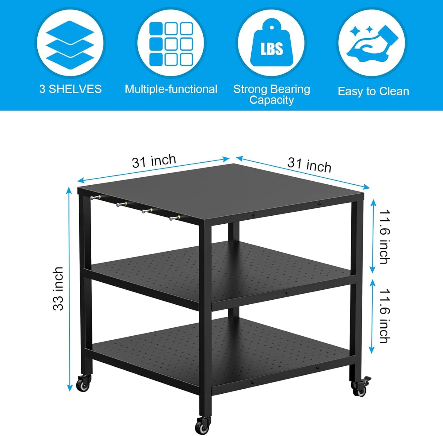 Outdoor Grill Cart Pizza Oven Stand Table with Wheels, Three-Shelf Movable Dining BBQ Food Prep and Work Cart Table, Kitchen Rolling Trolley Cart, Grill Tables for Outside with Waterproof Cover