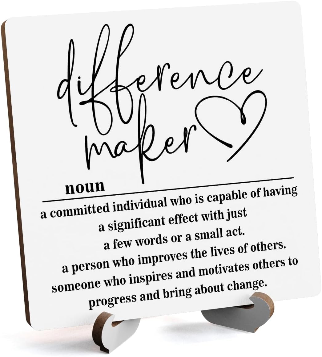 Wooden Table Sign Gift Difference Maker Definition Desk Decor Wood Plaque With Stand Unique Gift Ideas for Boss Women Best Mom Coworker Teacher Office(White)-A02