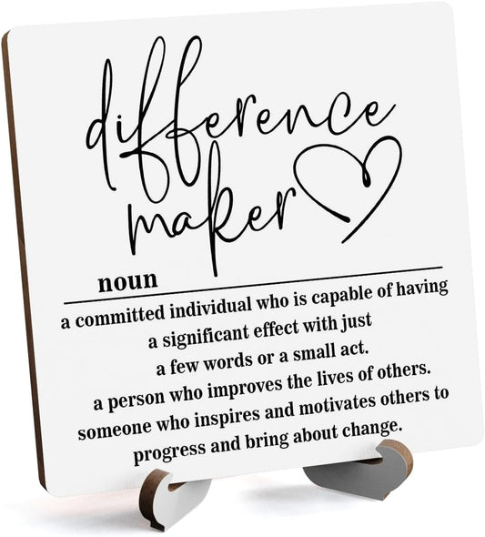 Wooden Table Sign Gift Difference Maker Definition Desk Decor Wood Plaque With Stand Unique Gift Ideas for Boss Women Best Mom Coworker Teacher Office(White)-A02