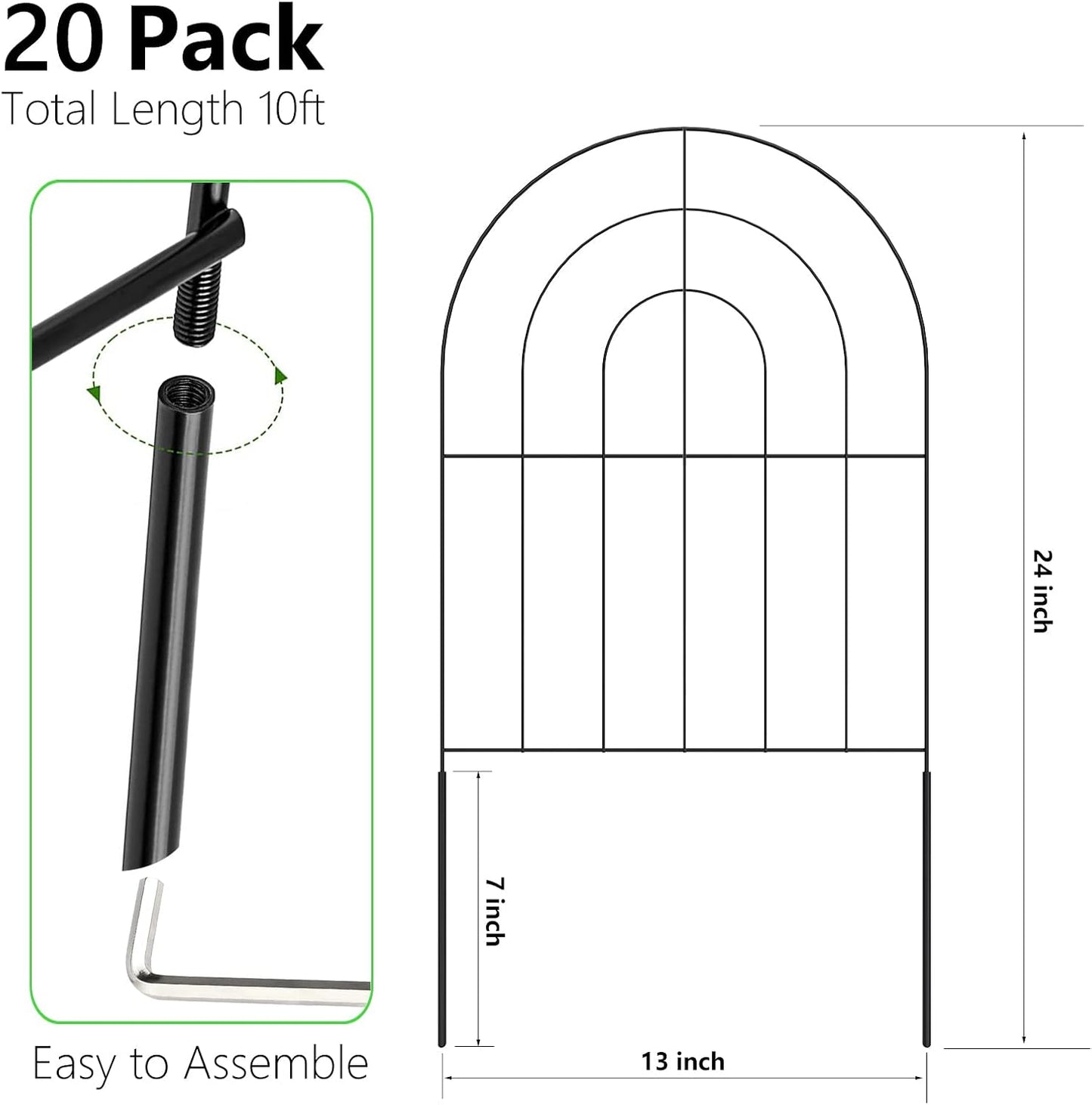Decorative Garden Fence 20 Pack, Total 20ft(L) x 24in (H) No Dig Rustproof Metal Wire Fencing Border Animal Barrier, Flower Edging for Landscape Patio Yard Outdoor Decor, with 32ft Leaves
