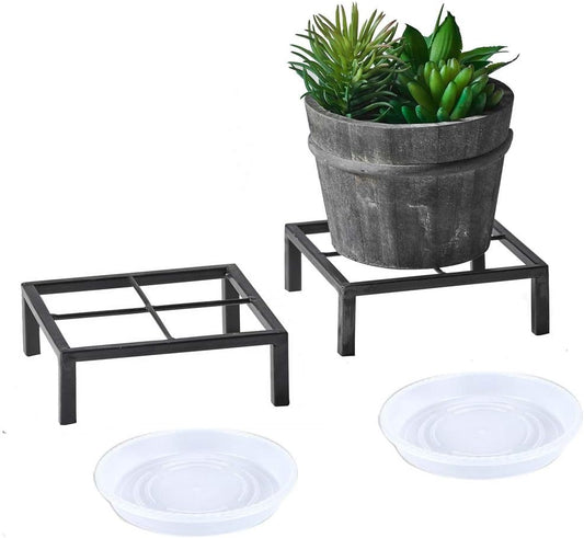 6" Small Metal Duty floor Potted Plant Stand Flower Pot Holder with Saucer Indoor Outdoor Rustproof Iron Garden Container Square Supports Rack for Planter ,2 Pack(back color )