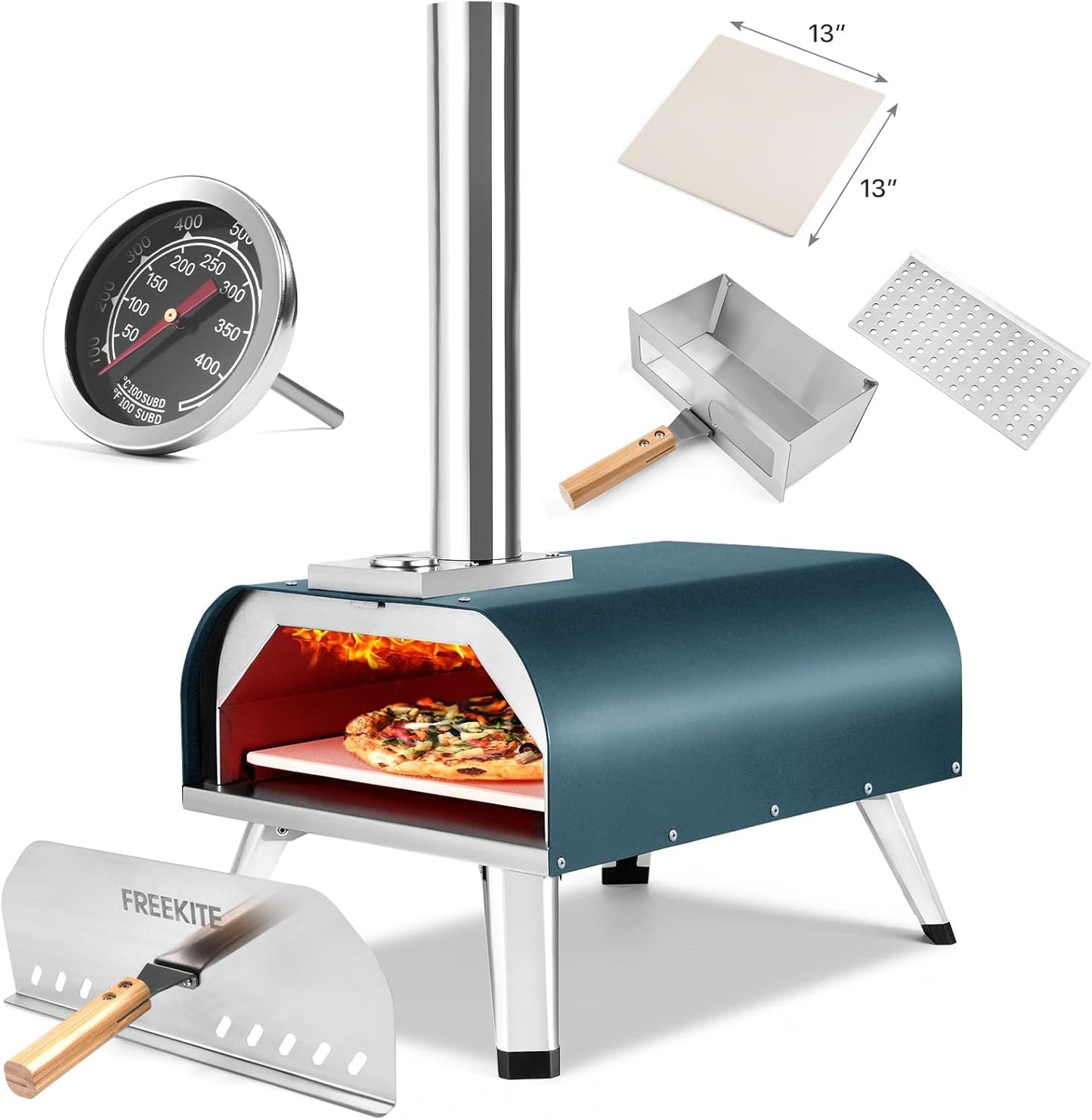 Pizza Oven 13 Inch Outdoor Wood Fired Portable Stainless Steel Pizza Oven with Pizza Stone for Family Outside Cooking Camping Backyard BBQ Pizza Maker Garden Kitchen(Blue-gery 13IN)