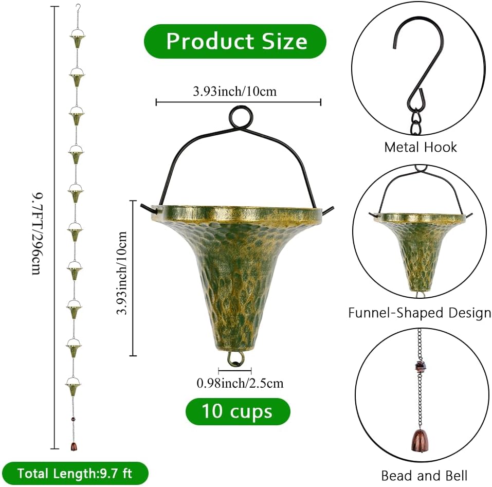 9.7ft Rain Chain, Rain Chain for Outside with 10 Funnel Shaped Cups Adjustable Metal Chain Rain Catcher Chain for Gutters, Eaves, Drains, Replacement Downspouts (Green)