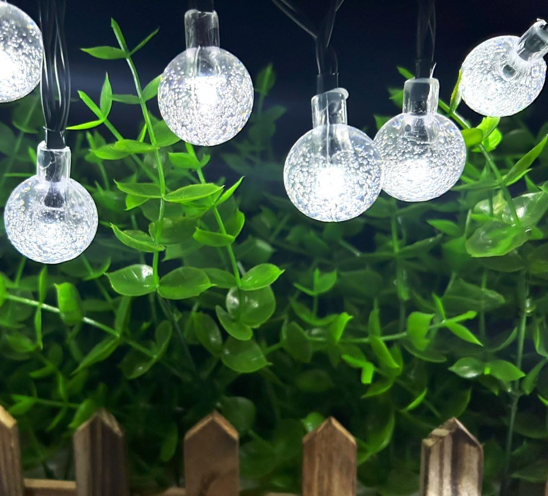 Solar String Lights Outdoor, 20ft Waterproof 30 LEDs 8 Modes Crystal Globe Solar String Fairy Lights Backyard Patio Christmas Lights for Holiday Party Gardens Backyard Wedding (White)
