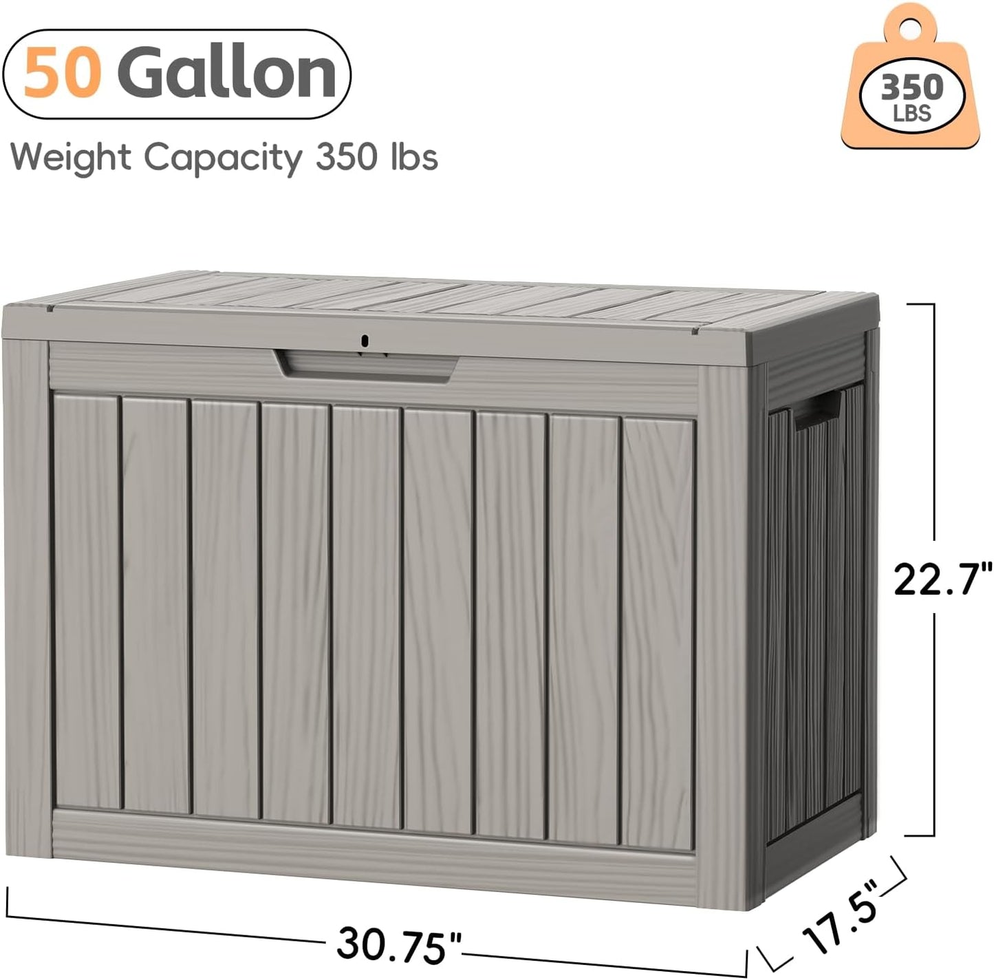 Outdoor Storage Box, 50 Gallon Waterproof Resin Deck Box, Storage Bin for Package Delivery, Patio Furniture Cushion, Garden Tools, Pool Accessories, Weatherproof and UV Resistant, Grey