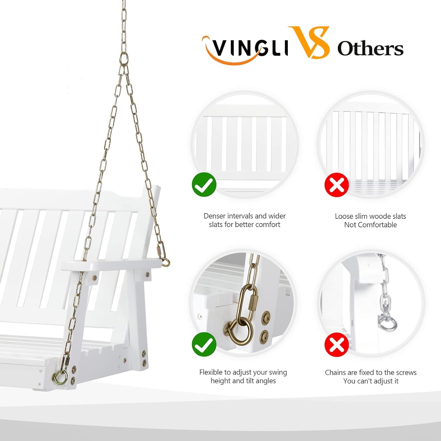 VINGLI Heavy Duty 880 LBS 4 FT Outdoor Porch Swing, Patio Hanging Swing Bench for Yard, White