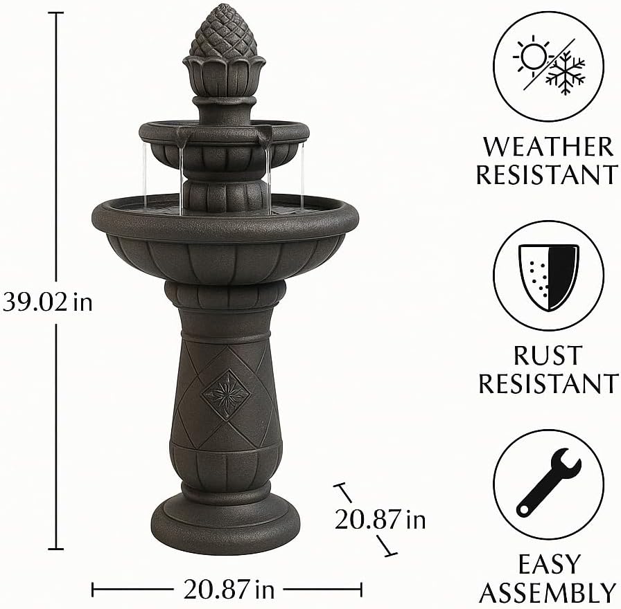 Teamson Home 39" Outdoor Water Fountain, 2 Tier Pineapple Pedestal Waterfall Fountain with Pump, Garden Patio Yard Décor, Durable Polyresin, Weatherproof, Iron Gray
