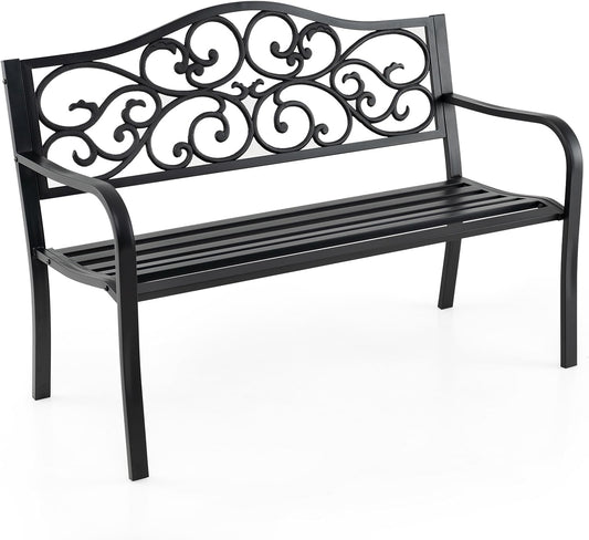 Tangkula 50 Inches Outdoor Garden Park Bench, Cast Iron Metal Patio Bench with Floral Design Backrest, Armrests and Slatted Seat, Outdoor Loveseat Chair for Porch, Lawn and Yard, Black