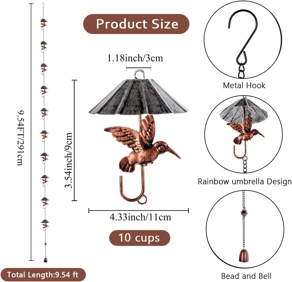 9.54 FT Rain Chain, Umbrella-Shaped Rain Chain for Outside with 10 Cups & Hummingbird Decor, Adjustable Rain Catcher Chain for Gutters, Eaves, Drainage, Replacement for Downpout